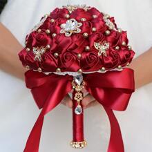 大型奢华心形蝴蝶仿珍珠新娘捧花，金色水钻缎带玫瑰，酒红色布艺永生花。情人节配饰