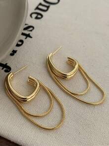 1 对女性优雅金属流苏几何耳环 2024 年新款设计珠宝婚礼派对奢华配饰女士礼物 - 金色 - 查看 4