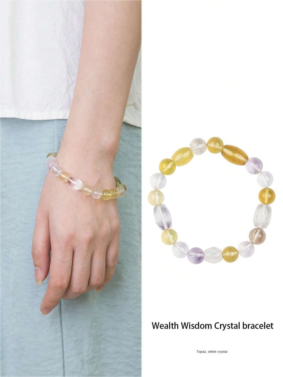 [VE]1pc High Quality Natural Crystal Bracelet, Yellow Crystal - Symbol Of Prosperity And Good Luck, Courage And Wisdom, White Crystal - Pure And Flawless, Represents Clear Mind And Intelligence, Balance Energy, Enhance Memory And Comprehension. Natural Gemstone Colors Vary Randomly. - Multicolor - View 1