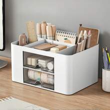 1個4抽屜多功能收納盒,適用於浴室、書房、辦公室、家庭和學校宿舍,存放口紅、化妝刷和其他桌面配件