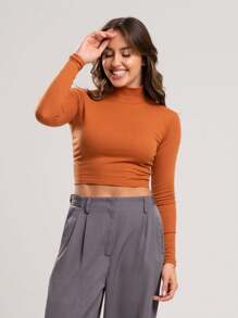 Kit 3 Ribbed Cropped Tops High Neck Long Sleeve Women's Fashion Elegant Foreign Woman - 焦糖色,裸色和黑色 - 查看 3