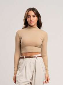 Kit 3 Ribbed Cropped Tops High Neck Long Sleeve Women's Fashion Elegant Foreign Woman - 焦糖色,裸色和黑色 - 查看 9
