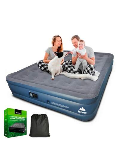 Hikeo Colchón Inflable Matrimonial con Bomba de Aire Eléctrica Automática, Cama de Aire Doble Altura para Viajes o Camping con Borde Elevado, Ultra Resistente y Cubierta Suave, Bolsa para Transportar