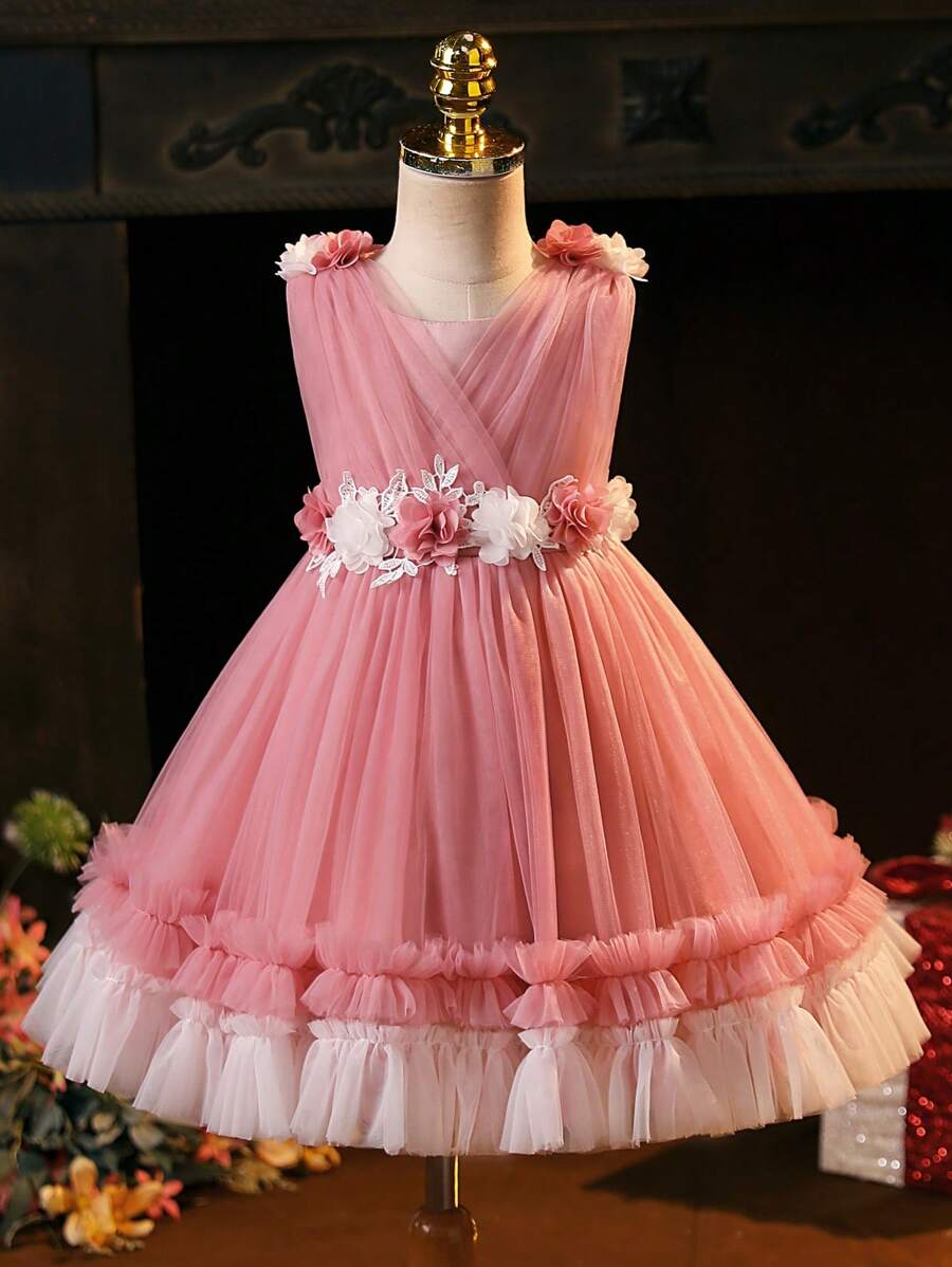 年轻女孩立体花朵撞色网眼荷叶边花童礼服生日派对适合户外和室内