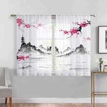 2 panele Plum Blossom Watercolor Landscape Sheer Curtain, półprzezroczyste z kieszenią na drążek, odpowiednie do kuchni, salonu, biura, sypialni, wystroju domu, do użytku przez cały rok