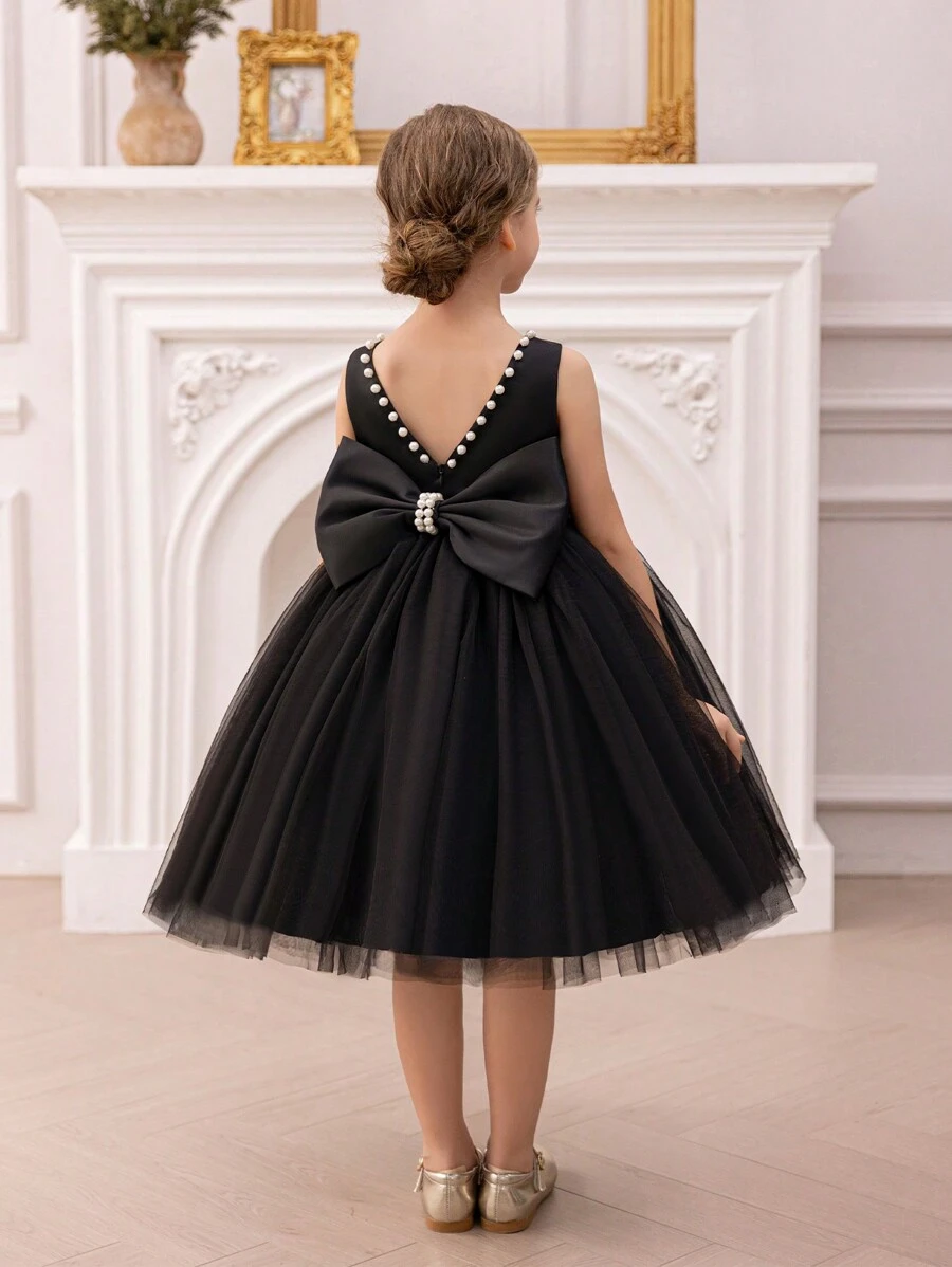 Vestido de princesa negro con perlas y lazo para niña, con escote profundo en V y espalda descubierta, adecuado para fiestas de cumpleaños, banquetes, ocasiones formales, bodas, niña de las flores, actuaciones en el escenario