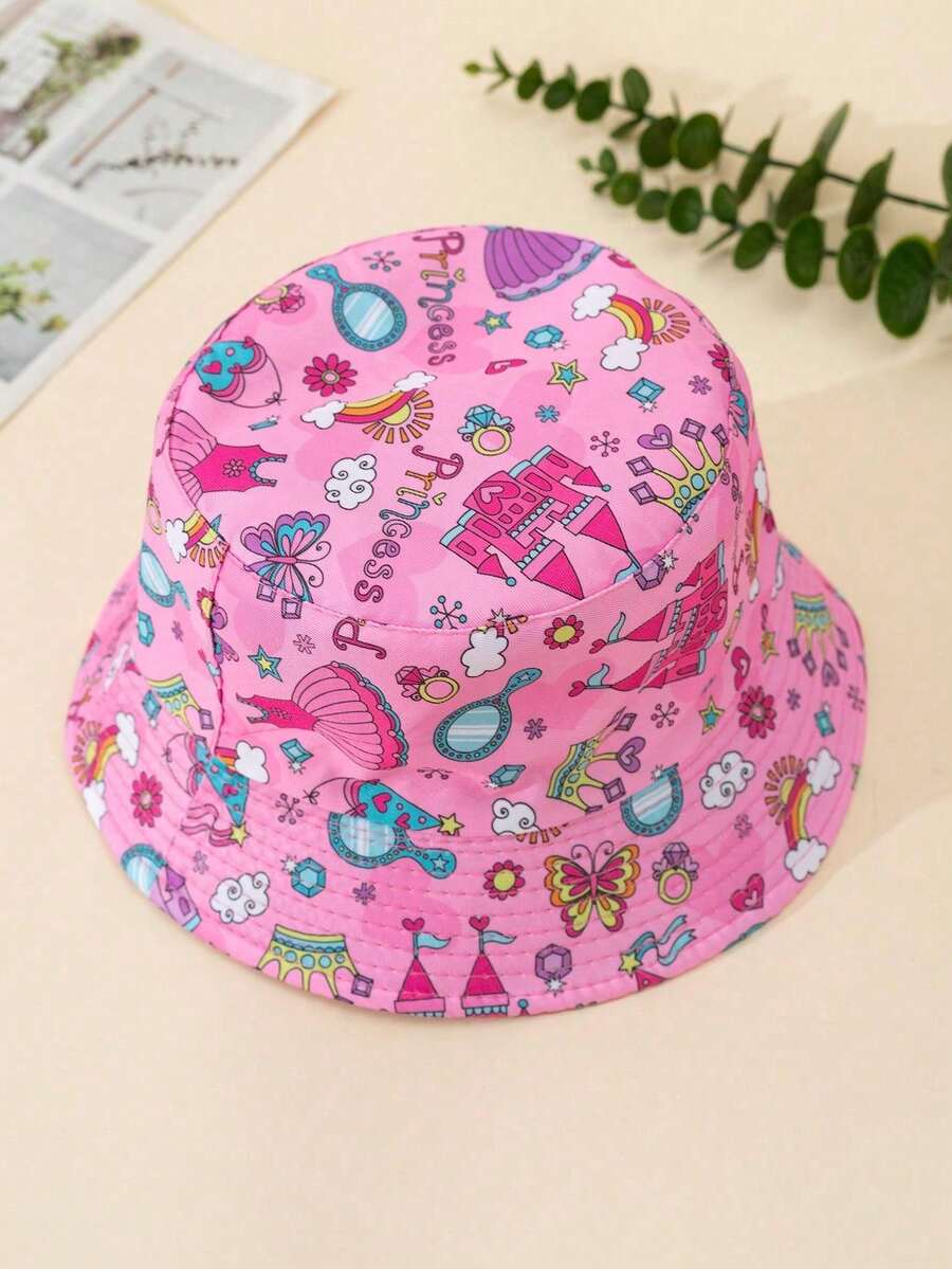 1pc Girls Butterfly & Flower Print Reversible Bucket Hat, Random Cutout, Sweet Fashion, Pink Sun