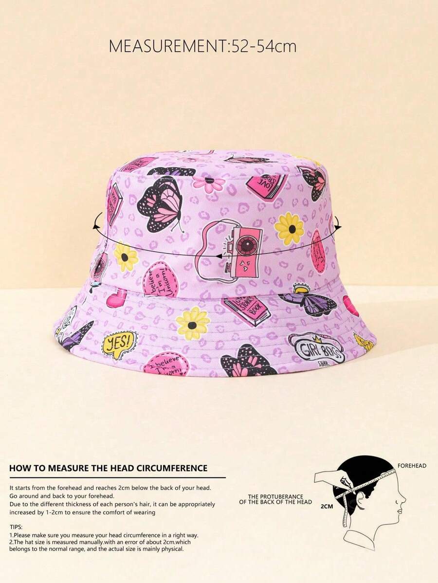 1pc Girls Butterfly & Flower Print Reversible Bucket Hat, Random Cutout, Sweet Fashion, Pink Sun