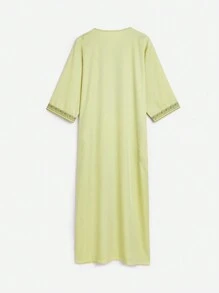 1pc Moroccan Style Embroidered Traditional Robe, Muslim Men Casual Long Sleeve Kaftan - Lime Green - View 3