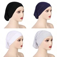 4 Peças/Conjunto Touca Interna de Hijab de Cor Sólida, Chapéu Turbante Tubular Respirável e Elástico, Acessórios de Abaya para Uso Diário sob Véus