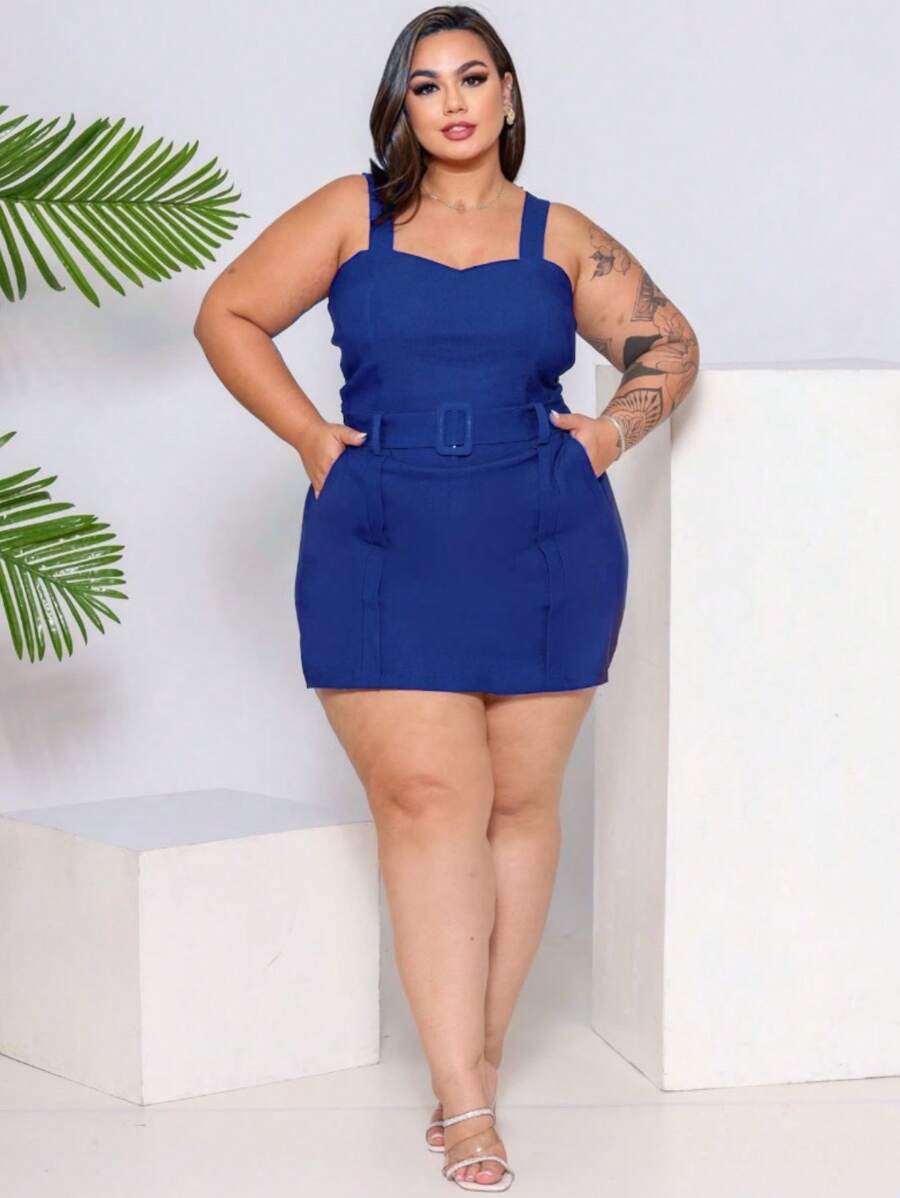 WOMEN'S PLUS SIZE SET, SHORTS, SKIRT AND CROPPED BENGALINE NECKLINE, HIGH ELASTICITY - 藏蓝色 - 查看 1