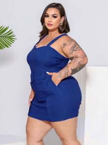 WOMEN'S PLUS SIZE SET, SHORTS, SKIRT AND CROPPED BENGALINE NECKLINE, HIGH ELASTICITY - 藏蓝色 - 查看 2