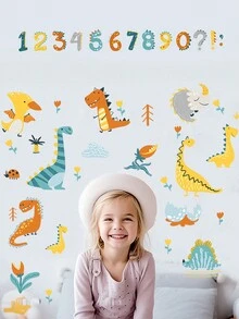 10pcs/Set Cute Cartoon Dinosaur Number & Letter Self-Adhesive Wall Stickers, Nursery Decor, Kids Room Dinosaur Wall Art Decals, Waterproof PVC Bedroom Wall Decor - Multicolor - View 4
