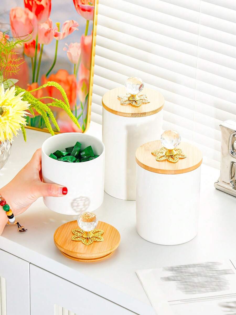 1 pieza/set Recipiente de almacenamiento de alimentos de cerámica con tapa de madera, tarro de cocina, tarro de alimentos de cerámica hermético con tapa de madera sellada, envase de almacenamiento de cocina, para café, harina, azúcar, especias, té, hierbas, artículos esenciales de cocina, mejor artículo de valor - Multicolor - Ver 1