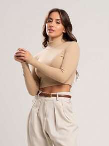 Kit 3 Ribbed Cropped Tops High Neck Long Sleeve Women's Fashion Elegant Foreign Woman - Putih, telanjang dan hitam - View 8