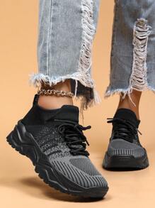 Women's Breathable Round Toe Slip-On Cushion Sneakers, Ladies' Casual Knitted Shoes - 黑色 - 查看 4