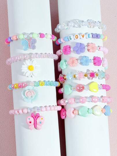 Bộ 12 vòng tay hình bướm và hoa dễ thương cho bé gái, Phụ kiện trang sức đính hạt, Màu sắc ngẫu nhiên, Thích hợp làm quà tặng dự tiệc cho bé gái