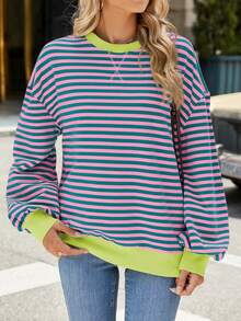 Spring Autumn New Casual Striped & Floral Pattern Round Neck Sweatshirt Patchwork Long Sleeve Loose T-Shirt,Long Sleeve Tops - Pink - View 5