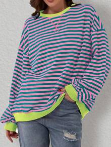 Spring Autumn New Casual Striped & Floral Pattern Round Neck Sweatshirt Patchwork Long Sleeve Loose T-Shirt,Long Sleeve Tops - Pink - View 3