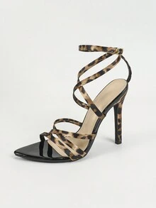 女士尖头豹纹交叉带高跟凉鞋，性感时尚派对豹纹黑色高跟鞋 - 棕色 - 查看 6