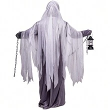 Men Ghost Costume Cosplay Scary Hooded Long Robe - Grey - View 4