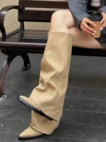 Khaki Wide Leg Boots Women's 2024 New Pointed Toe Straight Tube Tall Boots Western Cowboy Boots, Summer
