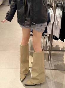 Khaki Wide Leg Boots Women's 2024 New Pointed Toe Straight Tube Tall Boots Western Cowboy Boots, Summer