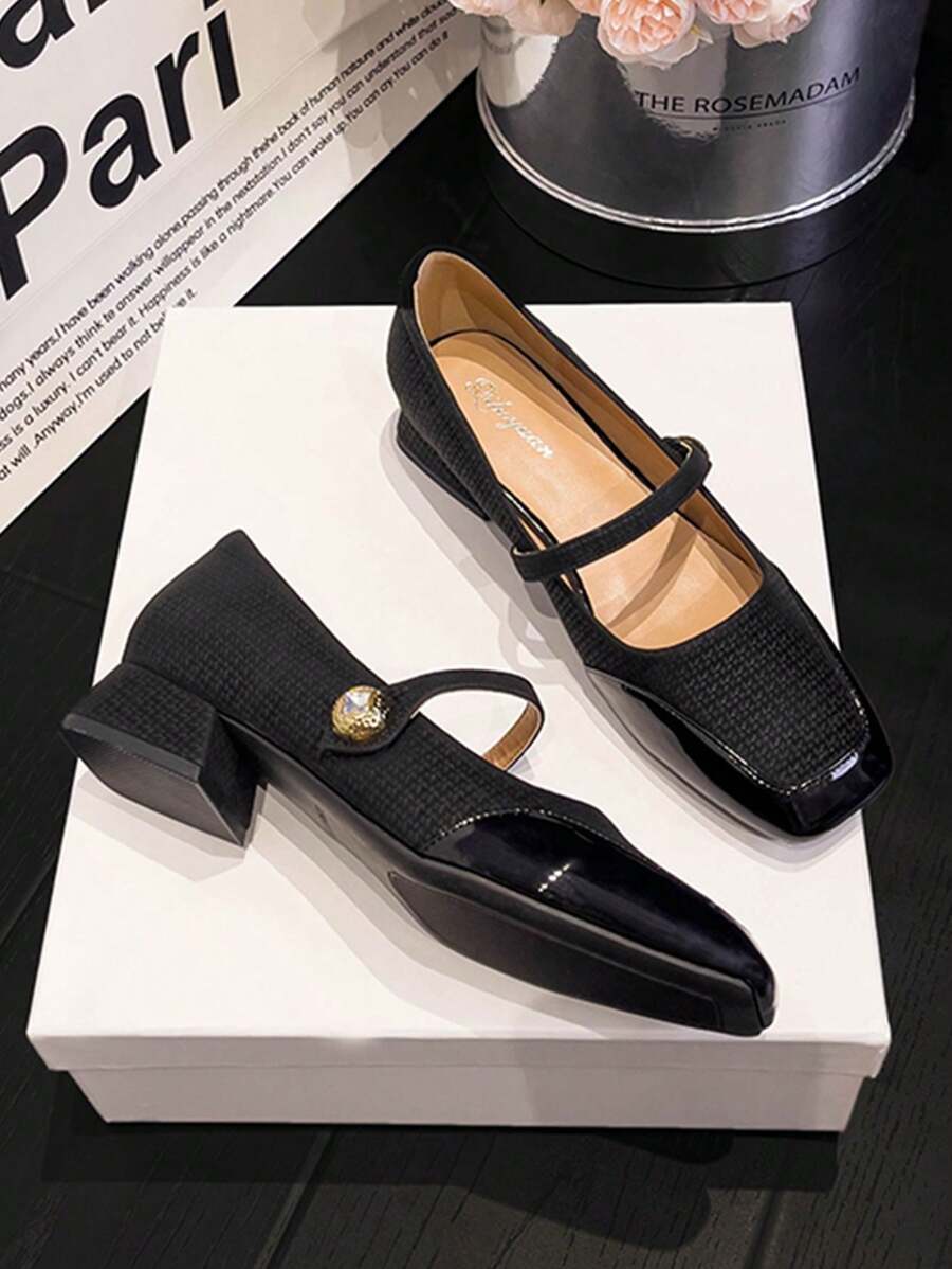 Women's Mary Jane Shoes, Strap Chunky Heel High Heels, Square-Toe Slip-On Pumps - Black - View 1