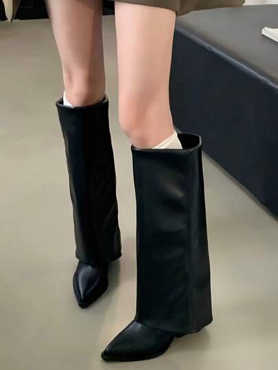Khaki Wide Leg Pants Tube Boots For Women, New 2025 Summer Pointed Toe Straight Tube High Boots, Western Cowboy Boots,Black Boots
