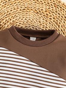 2 件套男婴休闲运动简约拼色圆领运动衫和裤子套装，春秋 - 棕色 - 查看 2