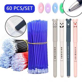 Set de 60 piezas: Bolígrafos de gel borrables de 0.35mm con 4 bolígrafos, 50 recambios y 6 borradores en colores negro, azul y rojo. Diseño de animales lindos para repasar preguntas. Útiles escolares y de oficina para volver a la escuela.