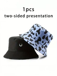 1pc Printed  Double-Sided Bucket Hat, Outdoor Sun Protection Cap For Boys Girls Spring Autumn Travel Beach Vacation