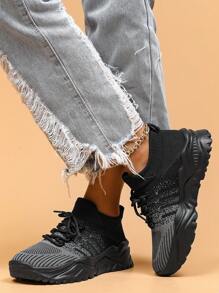 Women's Breathable Round Toe Slip-On Cushion Sneakers, Ladies' Casual Knitted Shoes - 黑色 - 查看 5