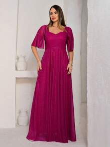 Lilian Long Party Dress With Shine - Rose Red - View 1