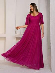 Lilian Long Party Dress With Shine - Rose Red - View 2