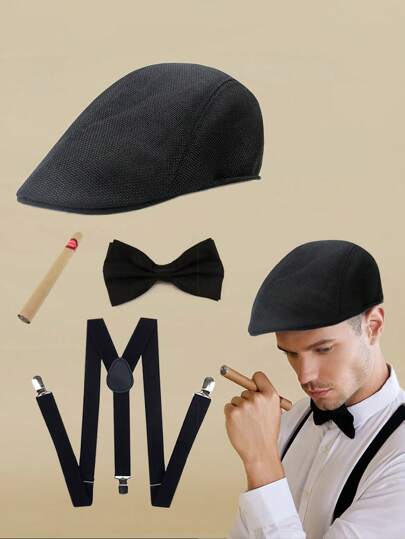 D EXCEED 4/5 件 1920 年代服装配饰套装万圣节男士礼物黑帮服装套装曼哈顿软呢帽领结 Y 型后背弹力吊带宴会舞会角色扮演万圣节装饰礼物
