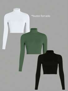 Kit 3 Ribbed Cropped Tops High Neck Long Sleeve Women's Fashion Elegant Foreign Woman - WHITE, GREEN aND BLACK - View 1