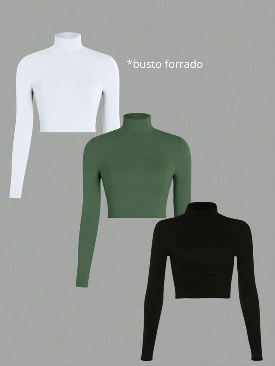 Kit 3 Ribbed Cropped Tops High Neck Long Sleeve Women's Fashion Elegant Foreign Woman - WHITE, GREEN aND BLACK - View 1