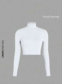 Kit 3 Ribbed Cropped Tops High Neck Long Sleeve Women's Fashion Elegant Foreign Woman - WHITE, GREEN aND BLACK - View 9