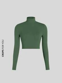 Kit 3 Ribbed Cropped Tops High Neck Long Sleeve Women's Fashion Elegant Foreign Woman - WHITE, GREEN aND BLACK - View 5