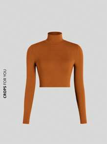 Kit 3 Ribbed Cropped Tops High Neck Long Sleeve Women's Fashion Elegant Foreign Woman - Brown, Caramel and Nude - View 2