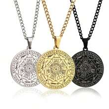 1pc Stainless Steel Seven Archangels Round Pendant Necklace For Men, Seal Of Solomon Spiritual Talisman Protection Amulet Jewelry