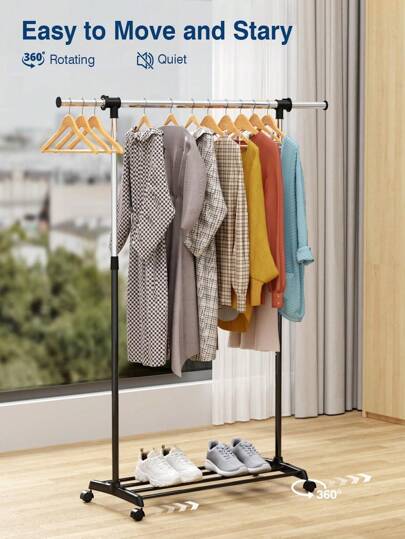 Perchero de ropa con doble barra, organizador de ropa con ruedas silenciosas para colgar la ropa, perchero de ropa ajustable de longitud duradera para balcón, baño, dormitorio y sala de lavandería, decoración del hogar, decoración de otoño, decoración de dormitorio
