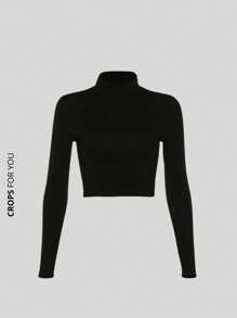 Kit 3 Ribbed Cropped Tops High Neck Long Sleeve Women's Fashion Elegant Foreign Woman - Coklat, putih dan hitam - View 5