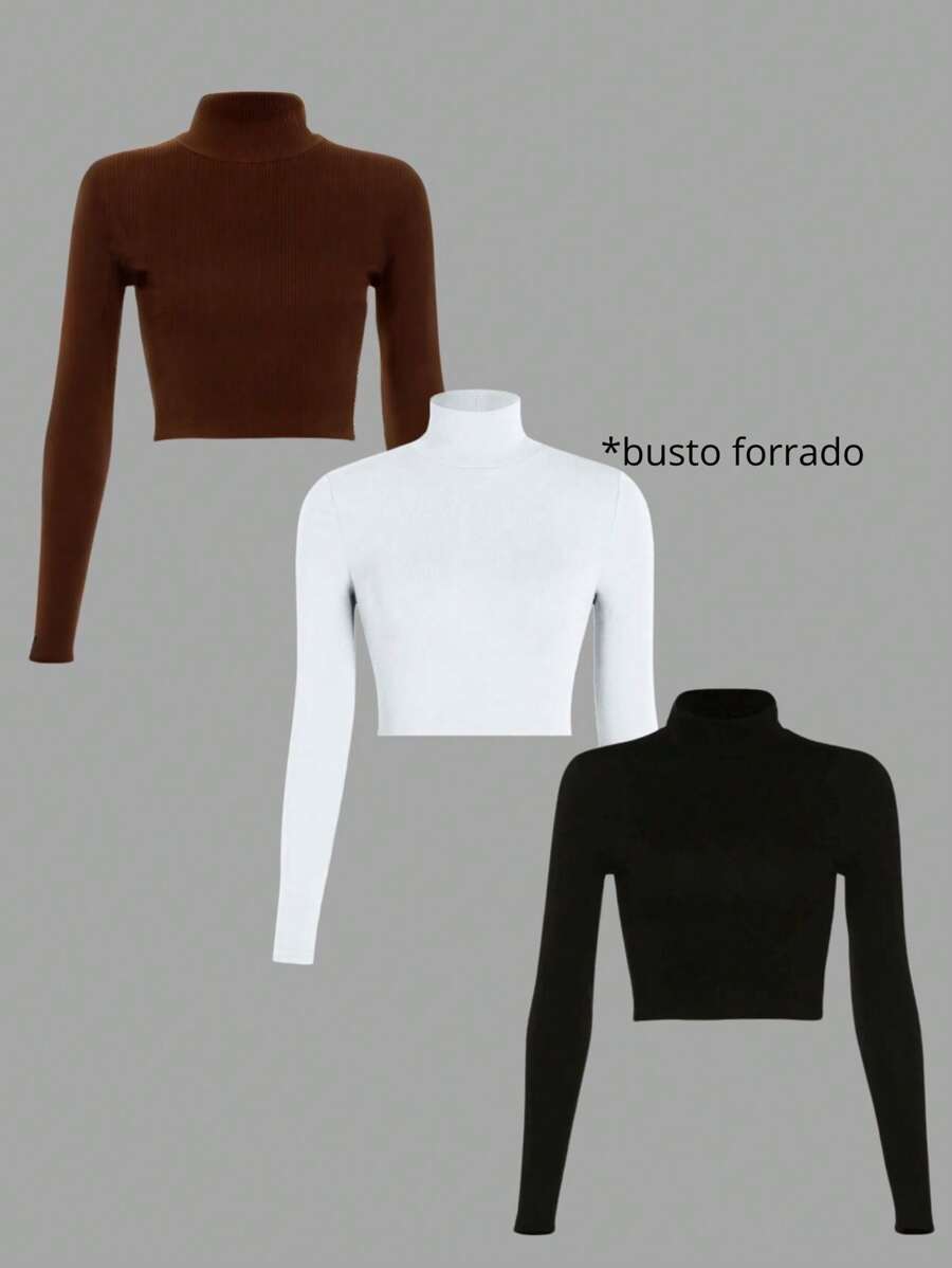 Kit 3 Ribbed Cropped Tops High Neck Long Sleeve Women's Fashion Elegant Foreign Woman - Coklat, putih dan hitam - View 1
