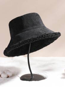 1 Pieza Sombrero de cubo reversible esponjoso y cálido de felpa gruesa y suave para otoño e invierno, sombrero de cubo cálido para uso al aire libre en Halloween