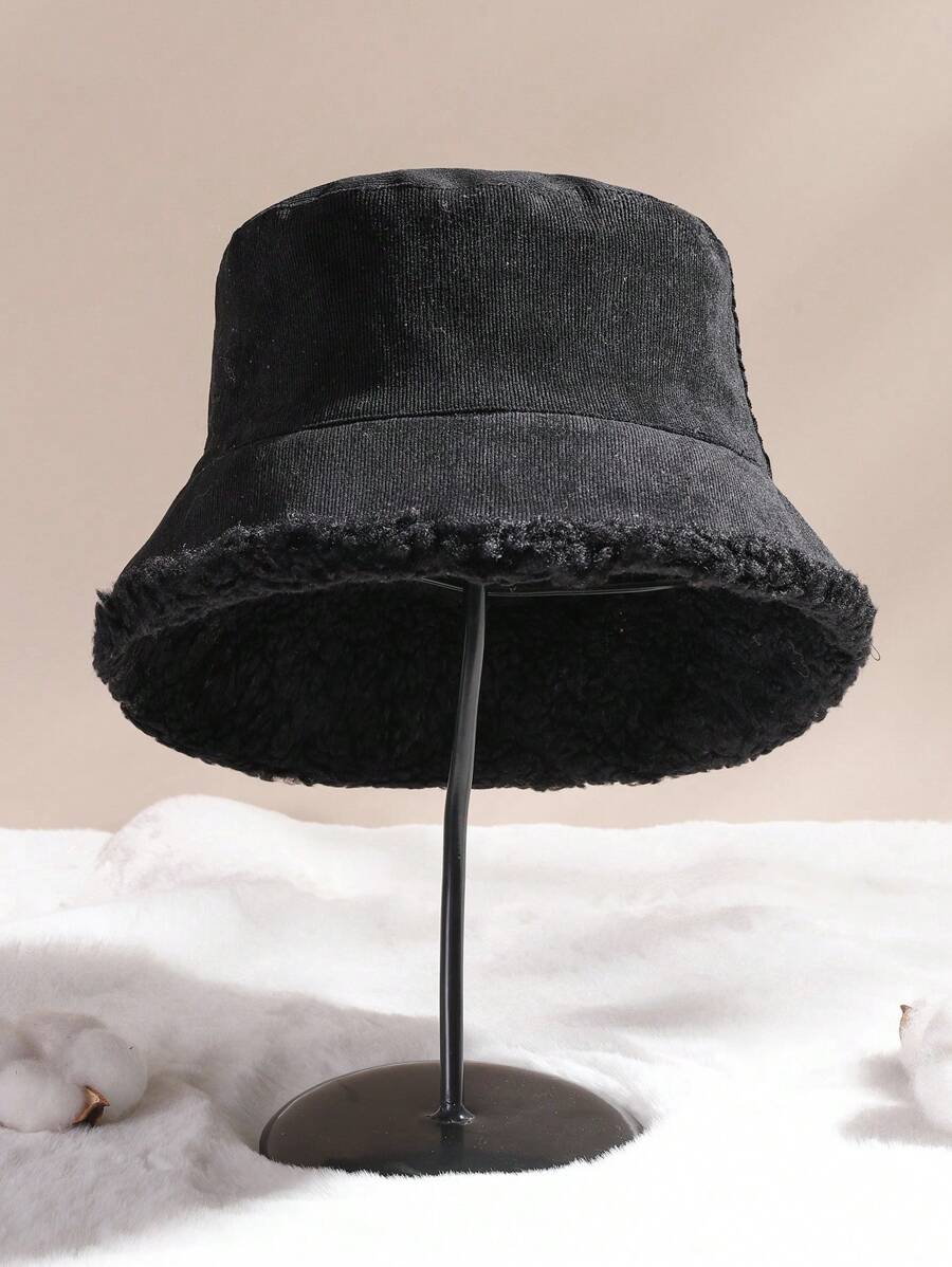 1 Pieza Sombrero de cubo reversible esponjoso y cálido de felpa gruesa y suave para otoño e invierno, sombrero de cubo cálido para uso al aire libre en Halloween