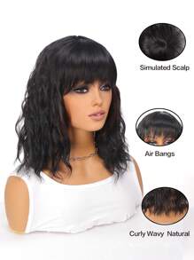 14 Inch Wavy Synthetic Wig With Bangs Short Bob  Wigs Curly Wavy Shoulder Length  Wig Daily Colorful Wig - Black - View 6