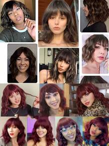 14 Inch Wavy Synthetic Wig With Bangs Short Bob  Wigs Curly Wavy Shoulder Length  Wig Daily Colorful Wig - Black - View 9
