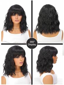 14 Inch Wavy Synthetic Wig With Bangs Short Bob  Wigs Curly Wavy Shoulder Length  Wig Daily Colorful Wig - Black - View 7